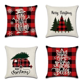 JOTOM Christmas Merry Christmas Cushion Covers Red and Black Plaid Waterproof Cushion Covers for Sofa Bed Living Room Car Decoration Gifts 45x45cm Set of 4