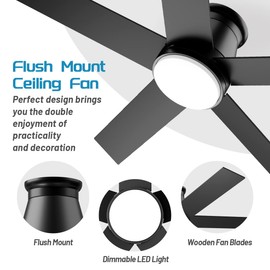 wurzee 52" Flush Mount Low Profile Ceiling Fan, Black,6 Speeds DC Reversible Motor,Timing, Dimmable for Indoor, Patio,Porch, Garage, Shop