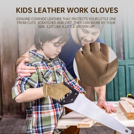 HANDLANDY Kids Genuine Leather Work Gloves for ages 3-11, Children Gardening Gloves for Boys, Girls (S, for age 2-4, Khaki)
