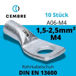 Kalitec A06-M4 Tube Cable Lug 1.5 - 2.5 mm² M4 Uninsulated Tin-Plated Copper Pack of 10