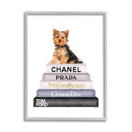 Stupell Industries Book Stack Yorkie Dog Glam Fashion Watercolor, Design by Amanda Greenwood, Grey Framed, 24 x 30