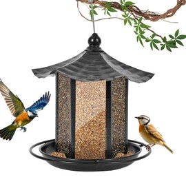 CVHOMEDECO. Bird Feeders for Outdoors Hanging Metal Bird Feeder for Wild Bird, Garden Yard Outside Decor. Hexagon Shaped with Roof, Black