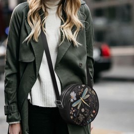 Jndtueit Dragonfly Women’s Leather Crossbody Shoulder Bag Travel Backpack Purse Small Circle Sling Bag Clutch Wallet Phone Pouch for Travel Beach