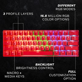 HK Gaming GK61 Mechanical Gaming Keyboard 60 Percent | 61 RGB Rainbow LED Backlit Programmable Keys | USB Wired | for Mac and Windows PC | Hotswap Gateron Optical Red Switches | Red