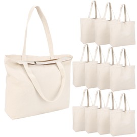 Segarty Canvas Tote Bag with Zipper, 12 Pack 16x13 Reusable Canvas Bags for Women, Blank Canvas Tote Aesthetic with Natural Cotton Cloth, Shoulder Strap, Bulk for DIY, Grocery, Beach, Travel，Gift