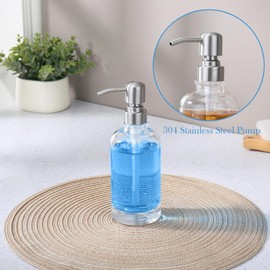 Rzoeox Clear Glass Soap Dispenser with Brushed Nickel Pump, 11 OZ Liquid Soap Dispenser Cylindrical with Stainless Steel Pump for Dish Hand Soap Bathroom Kitchen Vanity Countertop