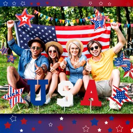 Kosiz 14 Pcs Independence Day Decorations Tree Picks Ornaments 4th of July Patriotic Ornaments for Tree Wooden Memorial Day Decorations Red White Blue Hanging America Star Yard Decor