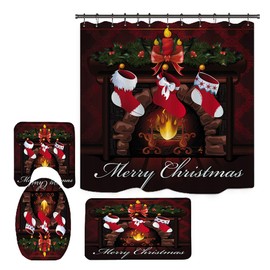 SUNGFINE 4 PCS Christmas Shower Curtain Bathroom Decorations Set, Xmas Curtains Decoration with Toilet Seat Cover Rug Sets Bath Mats Décor with Bows Bell Garlands Santa Stockings
