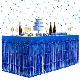 2 Pack Light Blue Table Skirts, 29x108" Metallic Foil Tinsel Fringe Table Skirts for Rectangle Tables Streamer Curtains Backdrop, Party Decorations for Birthdays Weddings Holidays