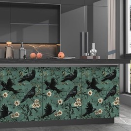 Fvlow Crow Wallpaper Dark Peel and Stick 17.4" x 118" Vintage Contact Paper Gothic Witchy Self Adhesive Removable Covering for Bedroom Bathroom Cabinet Drawer Halloween Raven Wall Decor Grey Green