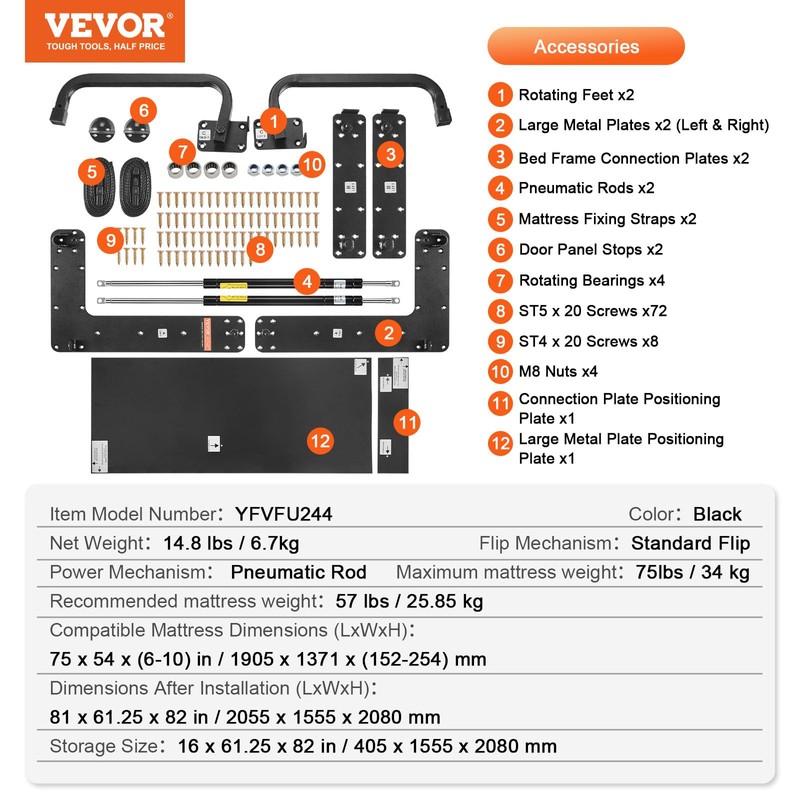 VEVOR Murphy Bed Kit, Full Size, Vertical Deluxe DIY Wall