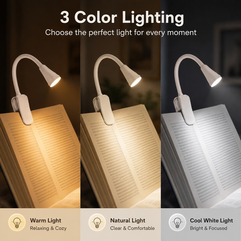 Rechargeable Book Light for Reading – 3-Color Dimmable LED Clip
