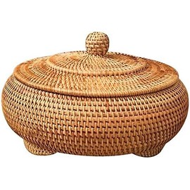 LAVNTM Round Rattan Boxes with Lid Hand-Woven,Wicker Fruit Basket 8.7 Inch Picnic Food Bread Table Storage basket (Honey Brown)