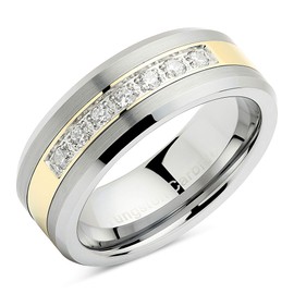 100S JEWELRY Mens Tungsten Ring Cz Inlay Gold Plated Titanium Color Wedding Band Beveled Edge Size 6-16 (16)