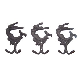 Wowser Mermaid Cast Iron Double Wall Hooks, Nautically Themed Wall Décor, Set of 3, 5.5 Inches