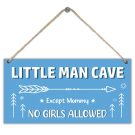 Little Man Cave Hanging Nursery Wall Decor, No Girls Allowed Except Mommy Sign, Baby Boys Room Decor, Boy Nursery Decor, Fun Boys Only Room Sign for Kids - 12 x 6 In