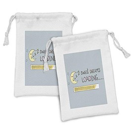 Ambesonne Saying Fabric Pouch Set of 2, Dreams Loading Concept with Progress Bar Design and Funny Moon Asleep, Small Drawstring Bag for Toiletries Masks and Favors, 9" x 6", Multicolor