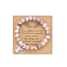 COLORFUL BLING Angel Natural Stone Beaded Strand Adjustable Bracelet with Meaningful Card Inspirational for Women Jewelry Gifts Wristbands Faith Memorial Sympathy Religious-Pink