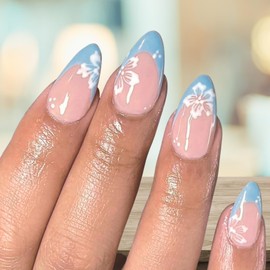 Blue Nails French Tip False Nails - Press On Nails Almond with Flower Design - Medium Length False Nails with Glue - 24pcs Summer Reusable Stick on Nails for Women Girls
