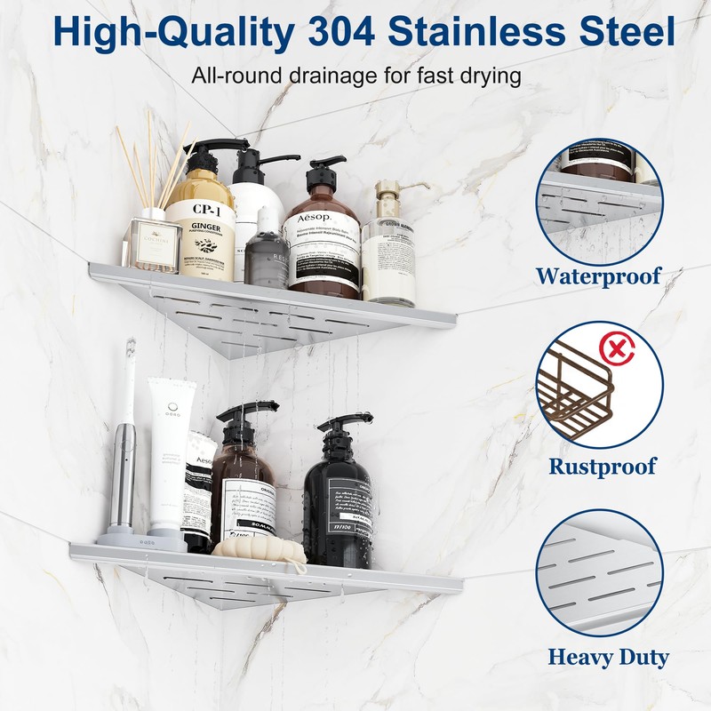 Qeke Corner Shower Shelves, 10” Recessed Tile Shower Shelf, 304