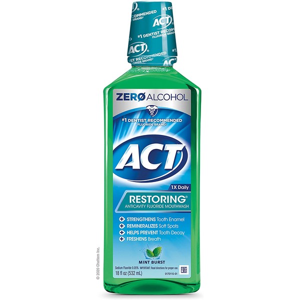 ACT Restoring Anticavity Fluoride Mint Burst Mouthwash 18 Ounce Helps Freshen Breath & Strengthen Tooth Enamel to Prevent Tooth Decay & Cavities