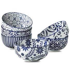 JINGUS Cereal Bowls, 28 Ounce Ceramic Soup Bowls Set of 6, Large Bowl Set for Rice Salad Fruit Dessert Oatmeal Snack Ice Cream,Microwave & Dishwasher Safe, Bohemian Blue & White