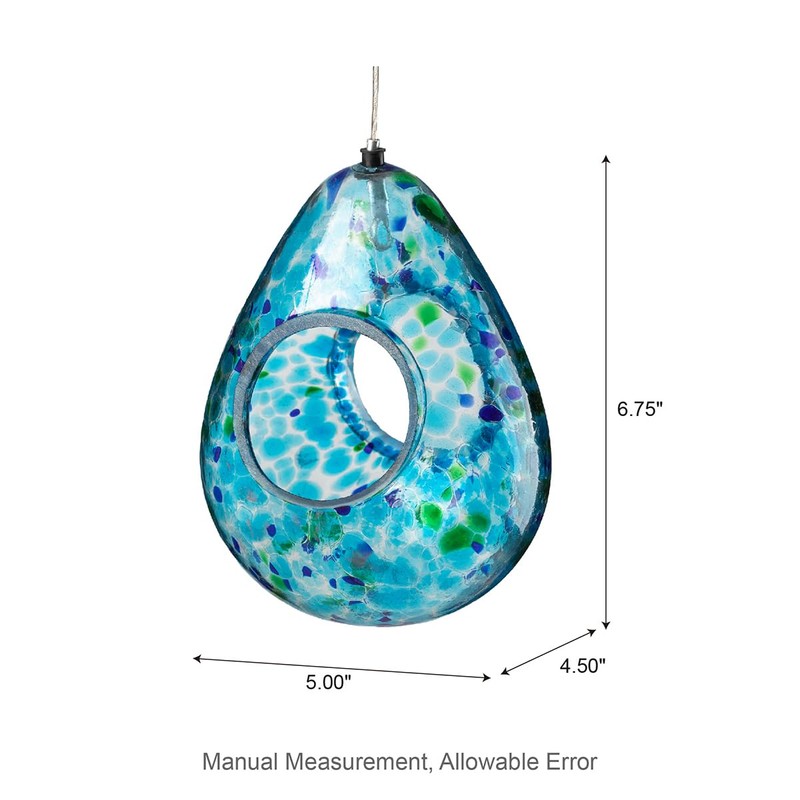 Glitzhome Glass Bird Feeder for Outdoors, 6.75" H Blue Dots