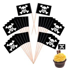 LOMIMOS 100pcs Pirate Drink Umbrella Topper, Skeleton Cocktail Paper stick with wood toothpick for Cupcake Pool Pirate Theme Party Ice Cream Fruit