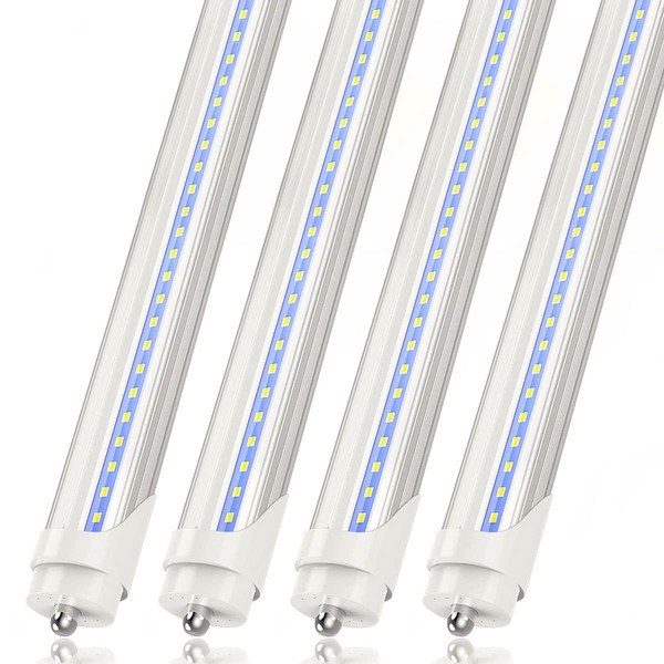 CNSUNWAY LIGHTING 8FT LED Bulbs, 45W 5400LM Super Bright, 6000K Cool White, FA8 Single Pin LED Tube Lights, Clear Cover, Ballast Bypass, T8 T10 T12 Fluorescent Light Bulbs Replacement (4-Pack)