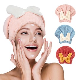 3pk de Turbantes de Secado Rápido, Gorros de Ducha de Vellón Coral | Gorros para Cabello Seco Súper Absorbentes, Gorros de Toalla Anti-Frizz con Lazos