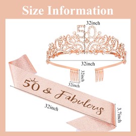 KIUEZIR 50&Fabulous Rose Gold Birthday Tiara and Sash Set - Elegant Rhinestone & Alloy 50th Crown Headband with Comb & Glitter Sash, Women's Birthday Party Hair Accessories for 50th Celebrations