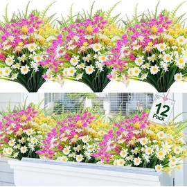 12 Bundles Mix Color Artificial Flowers for Outdoors, UV Resistant Fake Flowers Artificial Plants Outdoor No Fade Shrub Daisy Plastic Fern Cemetery Flowers Home Porch Outside Summer Decor - Color: Green,pink,white,purple
