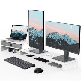 Fenge Monitor Stand, Dual Monitor Riser with Drawer, 2 Shelf Computer Desk Riser with Adjustable Length and Angle, Monitor Stands for Desk, Desktop Organizer PC, Computer, Laptop (White)