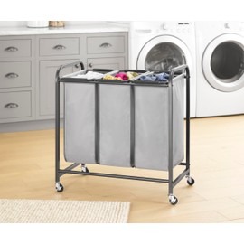 Whitmor Triple Laundry Sorter - 3 Removable Bags with Easy-Grip Handles - Rolling Laundry Sorter - Grey
