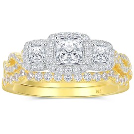SHELOVES 925 Sterling Silver Wedding Rings Set for Women Three Stone Yellow Gold Bridal Sets Princess Cut CZ Sz 5