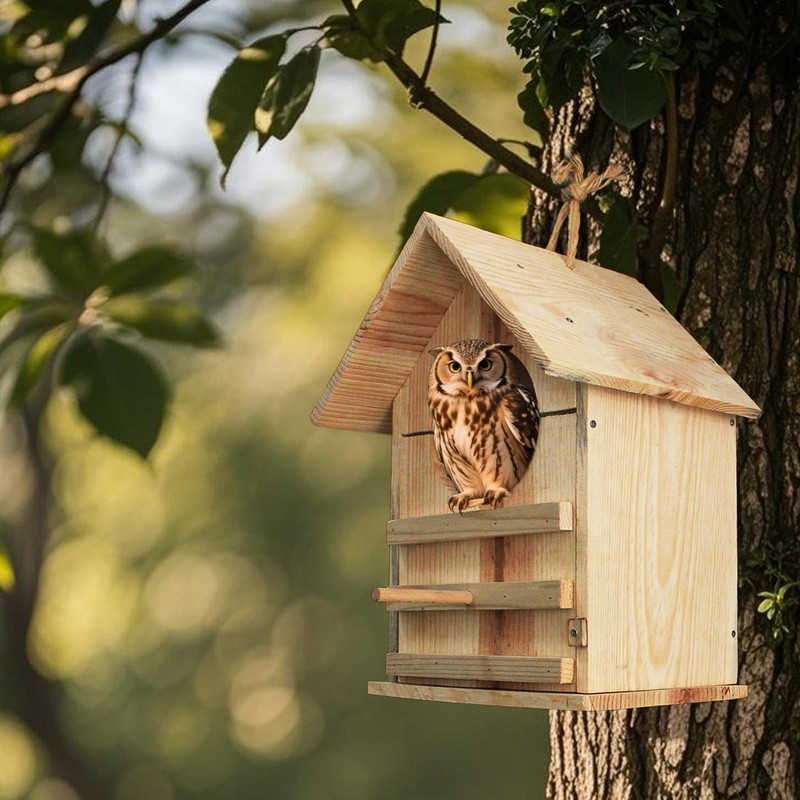 Owl Nesting Box for Outdoors - Weatherproof Handmade Wooden Bird