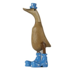 ART-CRAFT Wooden Duck Running Duck Garden Decoration Figure Made of Bamboo Root and Teak Wood with Boots and Hat Blue 25 cm High