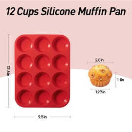 Silicone Muffin Pan for Baking with Metal Reinforced Frame, 12 Cups Regular Size Cupcake Pan Scarlet Red