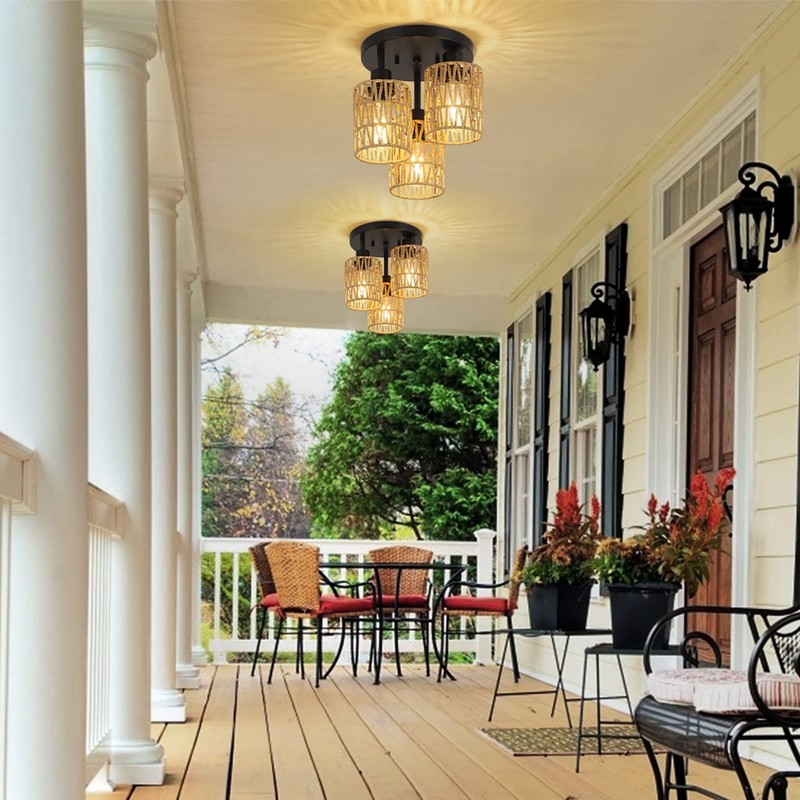 3-Lights Boho Light Fixtures Ceiling Mount, Farmhouse Rattan Chandelier, Hand