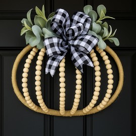Leinuosen 16" Fall Thanksgiving Pumpkin Wood Bead Wreath Farmhouse Front Door Wreath with Bow Leaf Wooden Pumpkin Autumn Seasonal Natural Boho Hanging Door Wall Decor for Home Harvest Indoor Outdoor