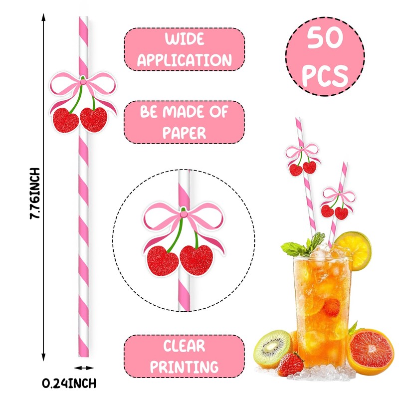 Pink and White Striped Bow Cherry Paper Straws, 50 Pack