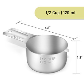 BERYLER 2PCS 1/2Cup (120ml, 4oz) Single Measuring Cup, Stainless Steel Measure Scoop, Metric and US Measurement, Dishwasher Safe