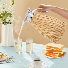 Rattan Thermal Jug, 0.4 Gallon Insulated Beverage Carafe with One-Push Button, 24-Hour Temperature Retention, Stainless Steel Vacuum Flask Silicone Lid for Hot & Cold Drinks,Retro