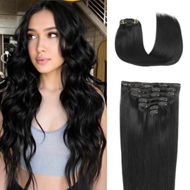 Clip in Hair Extensions Real Human Hair, 24 Inch 120g 7pcs Seamless Clip in Hair Extensions Real Human Hair Clip ins, Remy Human Hair Extensions Invisible Double Weft Natural Straight Hair Black Women