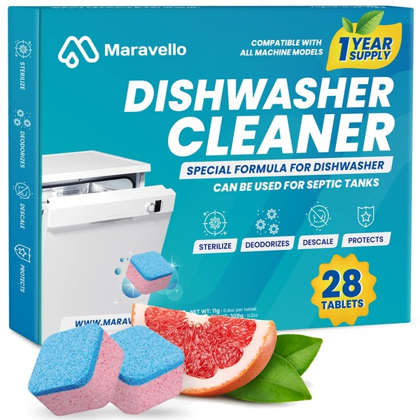 Maravello Dishwasher Cleaner And Deodorizer 28 Tablets: Active Clean Shine Dish Washer Machine Detergent Tabs - Deep Cleaning Fresh Descaler Pods - Remove Limescale, Hard Water, Calcium, Grease, Smell and Odor, Septic Tank Safe - 1 Year Supply