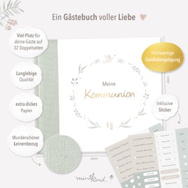 mintkind® Guest Book Communion Sage - Communion Book to Fill in, 72 Pages for Creative Design, High-Quality Linen Cover - Communion Gift & Decoration for Communion Party