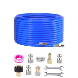 Sewer Jetter Kit for Pressure Washer 50FT, 5800 PSI Water Jet Drain Cleaner Hose 1/4 Inch NPT Corner, Rotating and Button Sewer Jetting Nozzles, Waterproof Tape, Spanners, and Pearl Corsage Pin