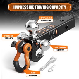 AC-DK Tri Ball Mount Trailer Hitch with Pin,Tow Hook & Clevis Shackle, Fits 2 inch Receiver with 2-5/16", 2", 1-7/8" Hitch Ball, Black