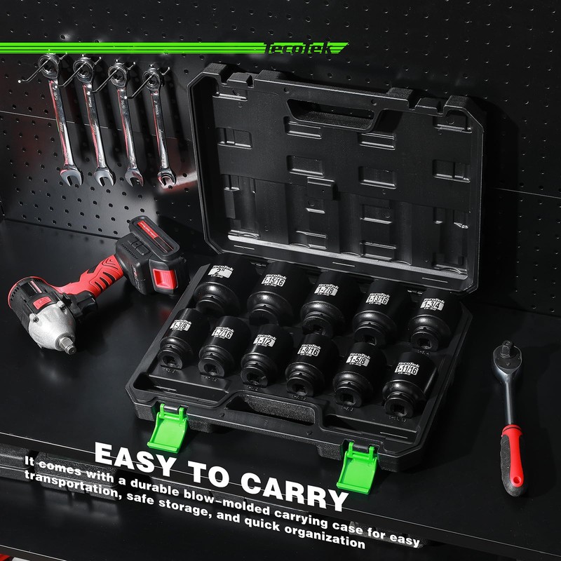 TecoTek 1/2" Drive Deep 6-Point Impact Socket Set, 11-Piece Standard