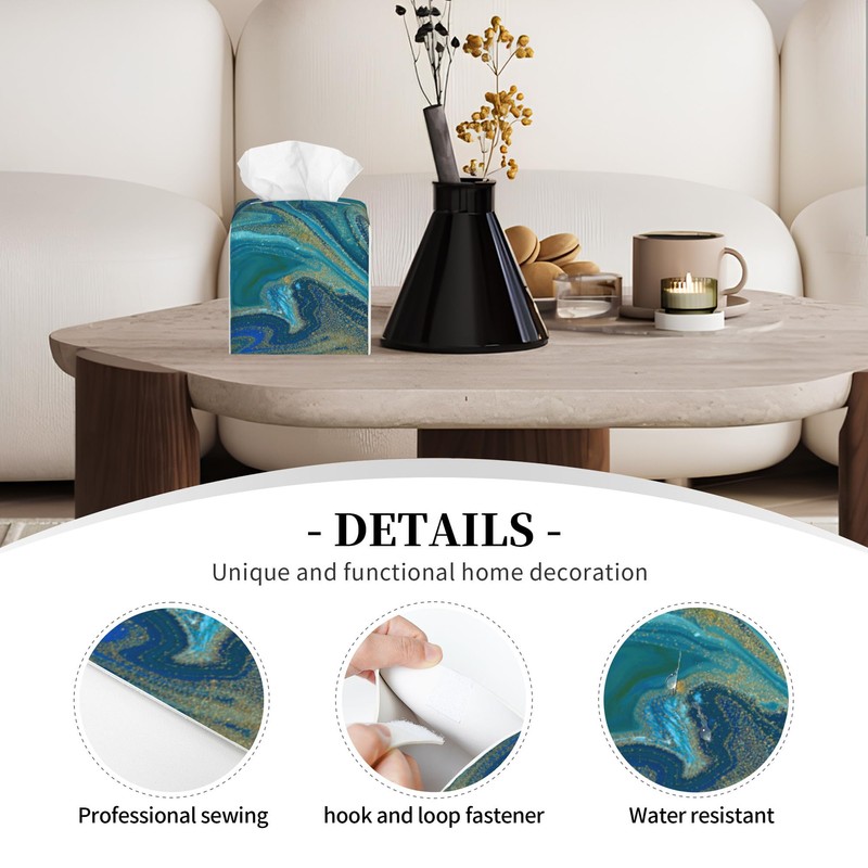 POIUBLE Leather Tissue Box Holder Blue and Gold Liquid Marble
